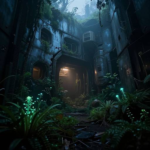 Moody, blue-lit digital artwork of an overgrown, abandoned two-story building with glowing green plants, misty atmosphere, and a warm light