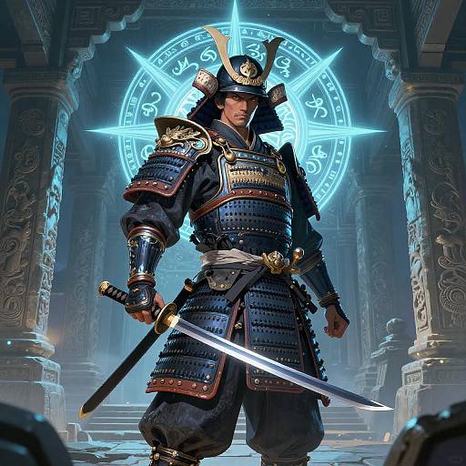 Fierce Samurai in Glowing Ancient Temple