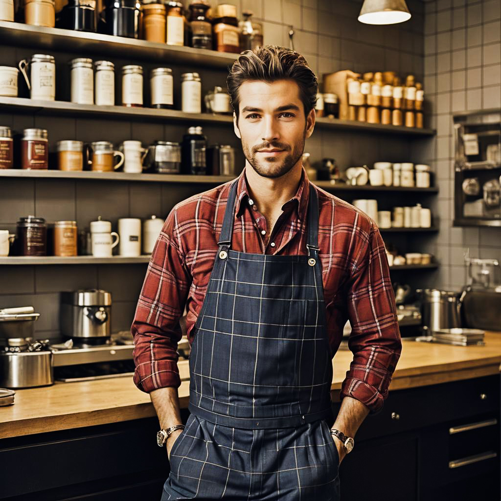 Amused Barista in Stylish Plaid Attire