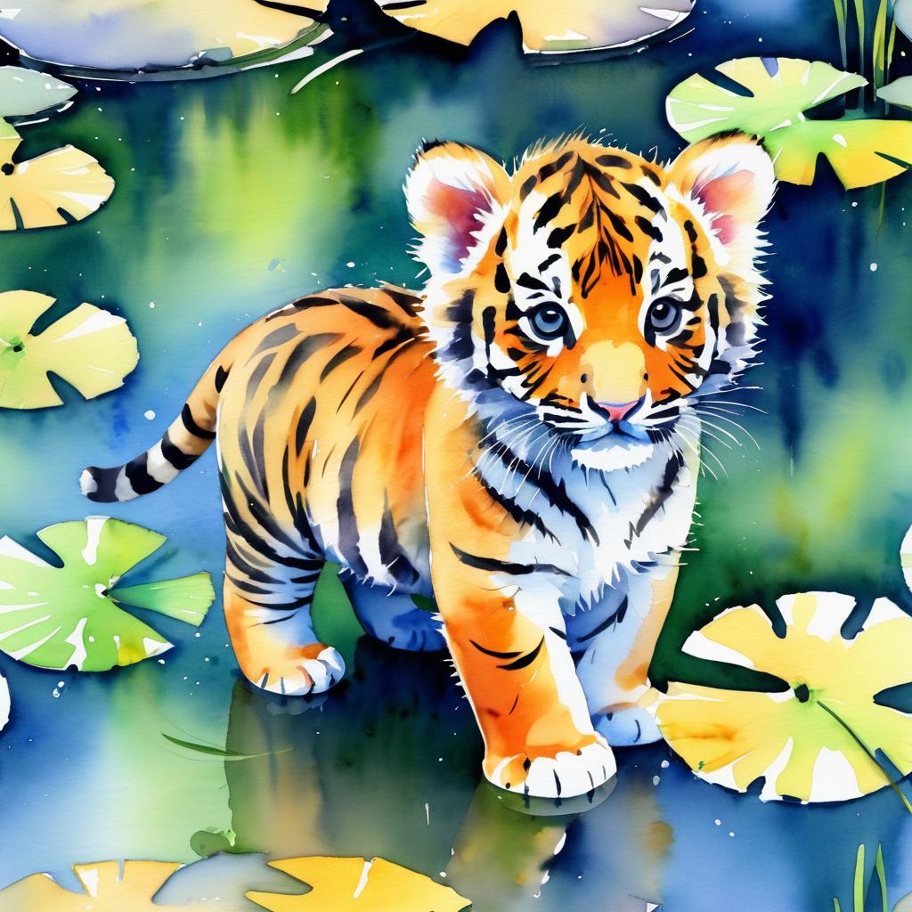 Vibrant Watercolor of Baby Tiger Cub