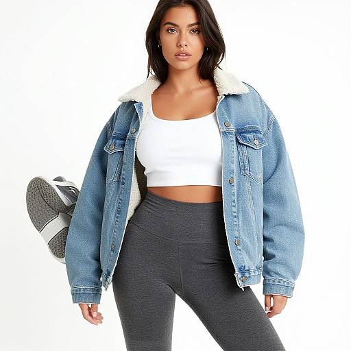 Photograph of a young woman with dark hair, wearing a white crop top, blue denim jacket with white fur collar, and gray high-waisted