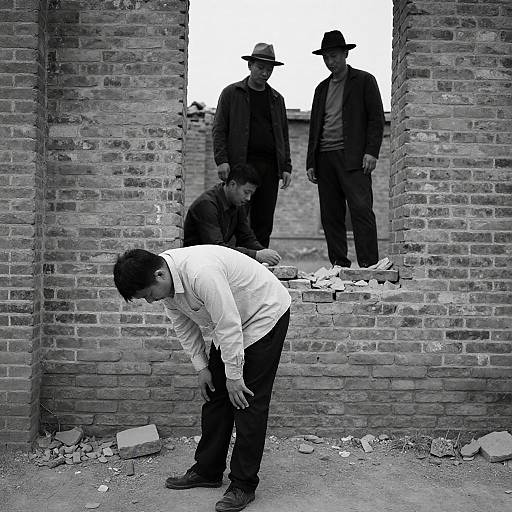 Three Men in Ruined Brick Building