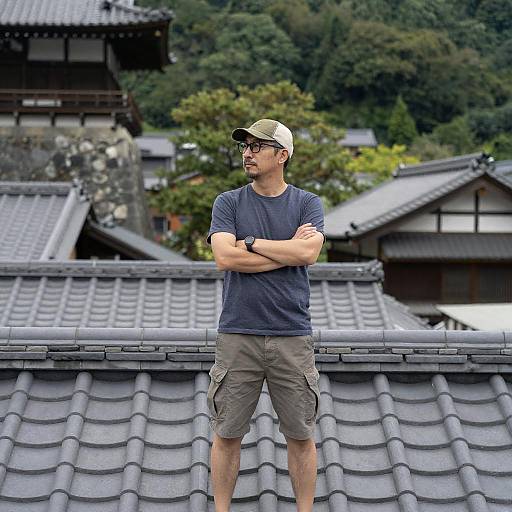 Man on a Rooftop with Japanese Background