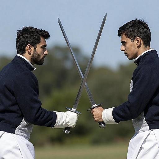 Two Men Engaged in Sword Duel Outdoors