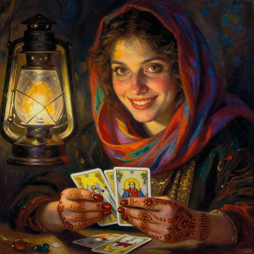 Digital painting of a smiling woman with hennaed hands, colorful headscarf, holding tarot cards, and lit lantern in dark background.