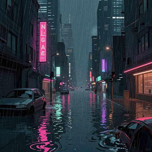 Cyberpunk city street at night, heavy rain, neon lights reflecting on wet pavement, 