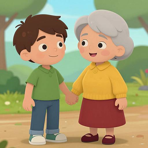 Cartoon illustration of a young boy with brown hair and a green shirt, holding hands with an elderly woman with white hair and a yellow sweater, standing