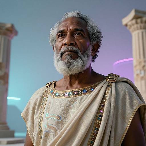 Photorealistic CGI of an elderly Indian man with a white beard, curly gray hair, wearing a detailed, ancient Greek-style toga with colorful shoulder
