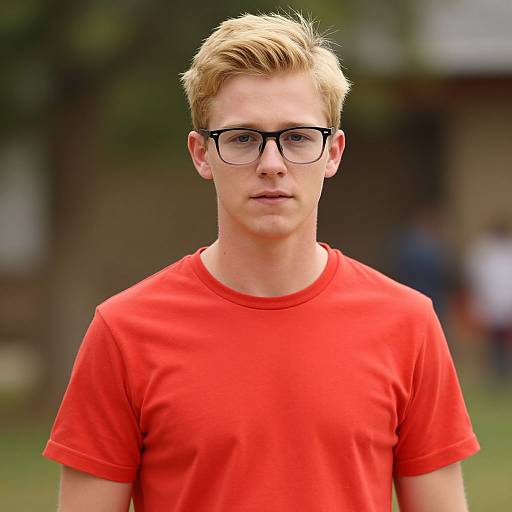 Photograph of a young, fair-skinned man with blonde hair, black-framed glasses, and a red t-shirt, standing outdoors with a blurred