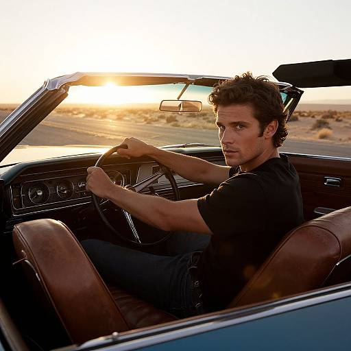 Photograph of a handsome, dark-haired man in a black t-shirt, driving a vintage convertible with brown leather seats at sunset in a desert.
