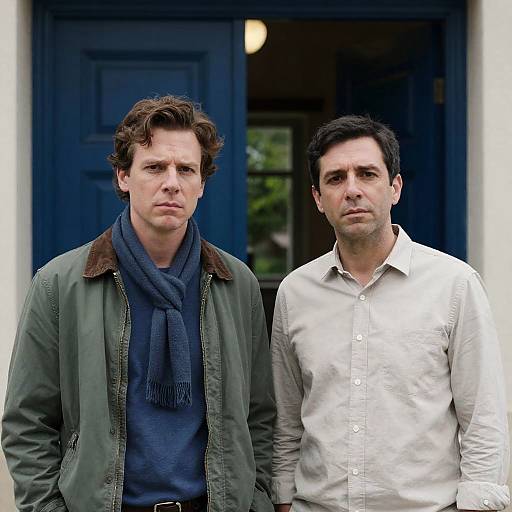 Two Men Posing by Open Blue Door
