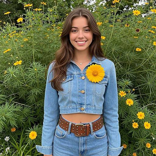 Photograph of a smiling young woman with long brown hair, wearing a denim crop top and high-waisted jeans, standing in a vibrant yellow flower