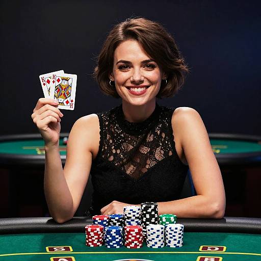Photograph of a smiling brunette woman in a black lace sleeveless top, holding a winning ace of spades, at a casino table with colorful poker