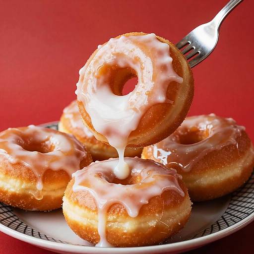 Photograph of glazed donuts with white icing, one raised by a fork, on a black-patterned plate against a red background.