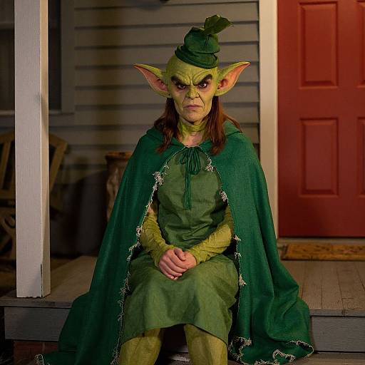 Photograph of a green-skinned goblin with large ears, wearing a green dress, cape, and hat, sitting on a porch step.