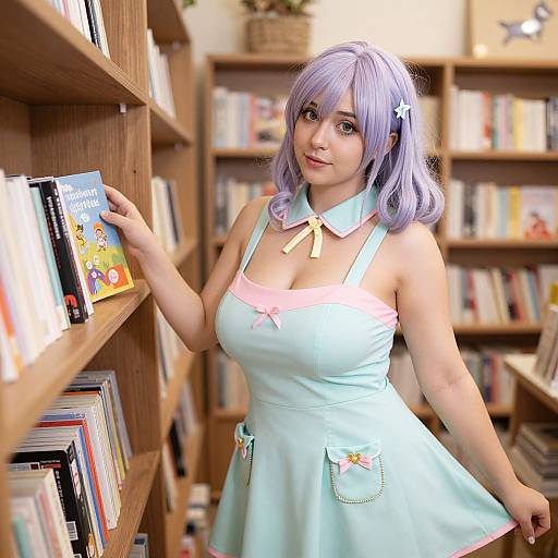 Digital art of a cute woman with lavender hair, wearing a light blue, floral-apron dress, holding a book in a cozy library.