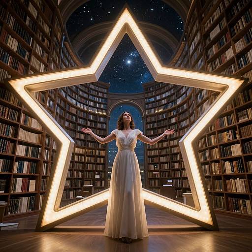 Photograph of a woman in a white, sheer gown standing within a glowing, star-shaped light frame in a library filled with bookshelves, under