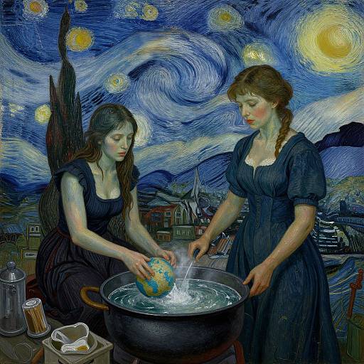 Digital artwork of two women in dark dresses washing a globe in a pot under a swirling, starry night sky. Inspired by Van Gogh's 