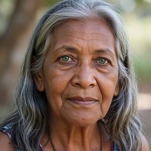 Photograph of an elderly woman with long gray hair, green eyes, wrinkled skin, and a gentle smile, wearing a patterned top, against