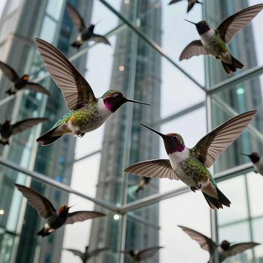 Photograph of vibrant hummingbirds with iridescent green and purple feathers, hovering mid-flight against a backdrop of modern glass skyscrapers.