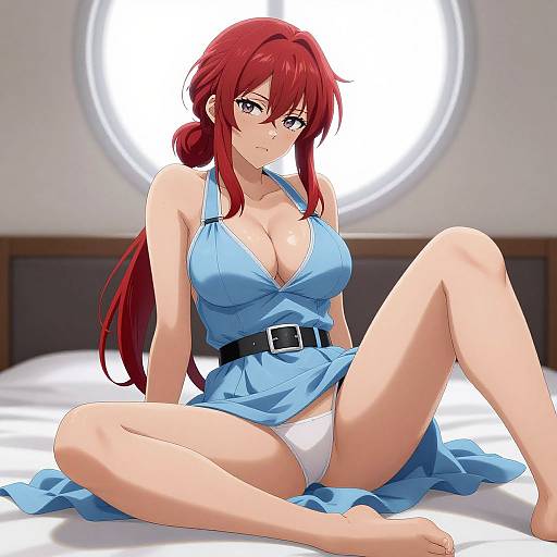 Anime-style digital drawing of a red-haired woman with large breasts, wearing a blue dress and white panties, sitting on a bed with a circular window in