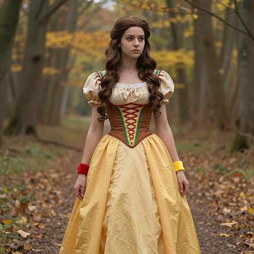 Brunette Woman in Cinderella-Inspired Dress in Autumn Forest