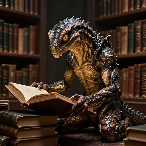 Digital artwork of a detailed, scaly, dragon-like creature with glowing orange eyes, reading an open book in a dimly lit library, surrounded by