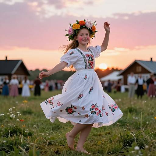 Photograph of a smiling young girl in a white floral dress and flower crown, dancing barefoot at sunset in a grassy field, with blurred festival