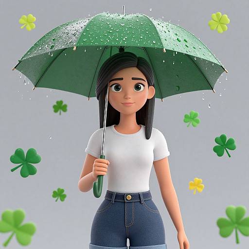 Digital illustration of a cute, young woman with black hair, wearing a white shirt and blue jeans, holding a green umbrella, surrounded by falling raindrops