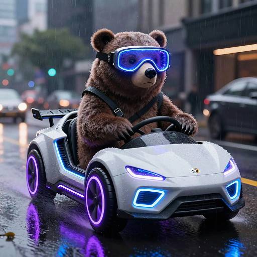 Cyberpunk Bear Driving Futuristic Hovercar
