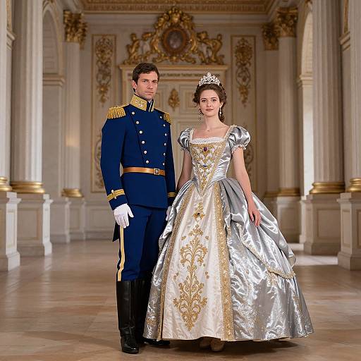 Photograph of a regal couple: a man in a blue military uniform and a woman in a silver and gold ornate ball gown, standing in