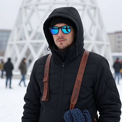 Photograph of a bearded man in a black hooded jacket, blue reflective sunglasses, brown leather straps, and blue gloves, standing in a snowy