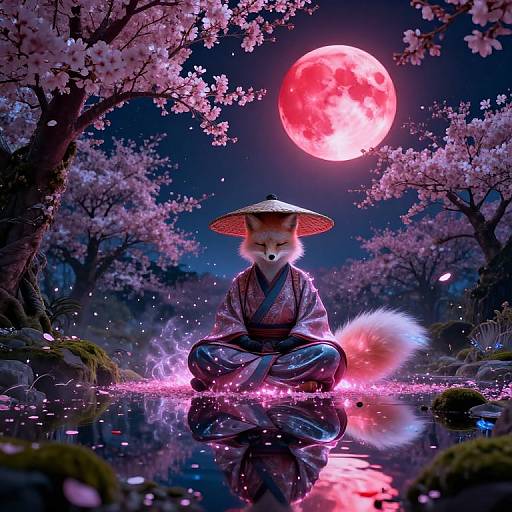 Digital art: Fox-anthro in traditional kimono and conical hat, seated cross-legged in a moonlit pond, surrounded by cherry blossoms and