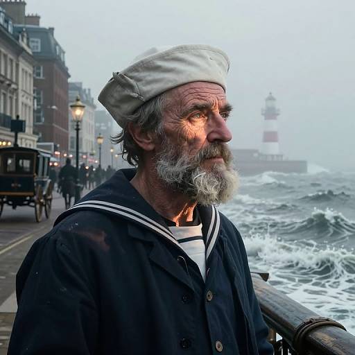 Photograph of an elderly, white-bearded sailor with a white cap, black sailor shirt, and white trim, standing by a foggy, storm