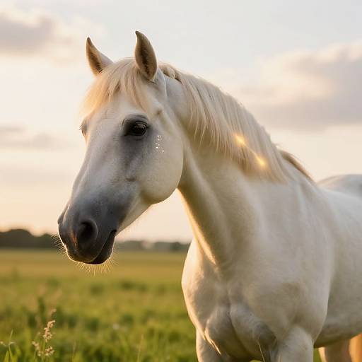 Photograph of a majestic, white horse with a light blond mane, standing in a sunlit, grassy field at sunset.
