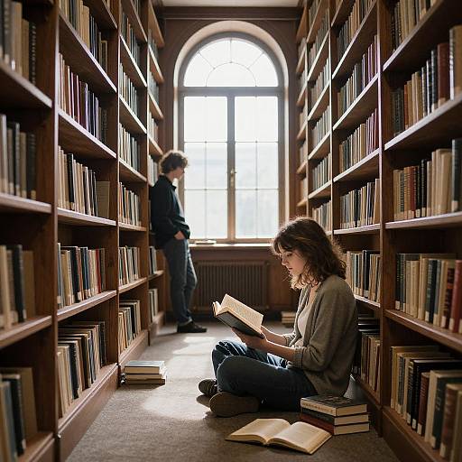 Photograph of a library aisle with wooden bookshelves, a woman with curly brown hair and a gray cardigan sitting cross-legged, reading a book