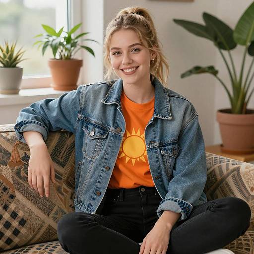 Smiling Young Woman on Patterned Couch