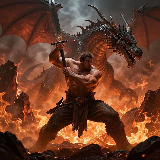 Muscular man with sword stands in fiery landscape, large dragon behind him. He's shirtless, wears tattered pants. Digital fantasy art.
