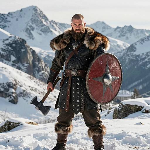 Fierce Viking Warrior in Snowy Mountains
