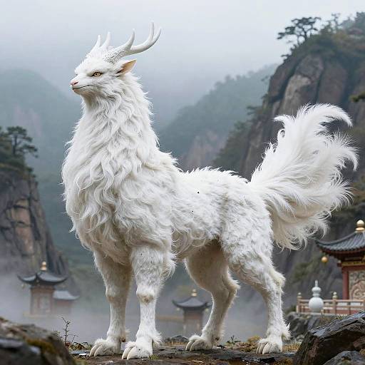 Digital painting of a majestic white, fluffy, mythical wolf-like creature with antlers standing on a misty mountain path, surrounded by traditional Asian temples and