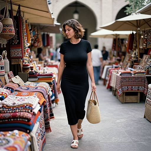 Photograph of a woman in a black dress and white sandals, carrying a woven basket, walking through a colorful, outdoor market.