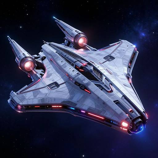 Digital CGI of a sleek, futuristic white spaceship with glowing red and blue lights, twin engines, and angular design, floating in a starry night sky