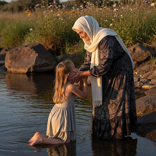 Photograph of an elderly woman in a black patterned dress and white headscarf gently touching the face of a young girl in a beige dress kneeling