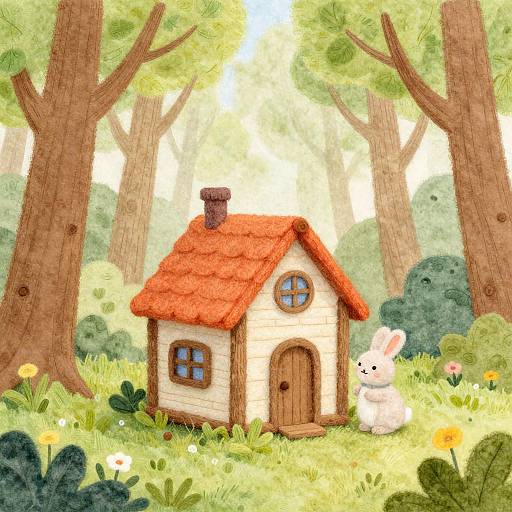 Whimsical digital drawing of a tiny red-roofed cottage with a white chimney, surrounded by tall trees, colorful flowers, and a white rabbit