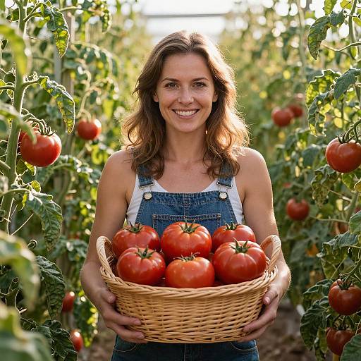Photograph of a smiling woman with brown hair, wearing denim overalls, holding a wicker basket filled with vibrant red tomatoes in a lush tomato field