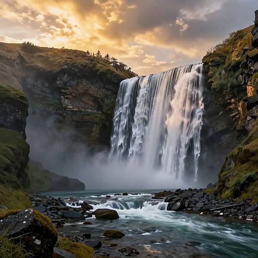 Dramatic Waterfall Mountains in Gold