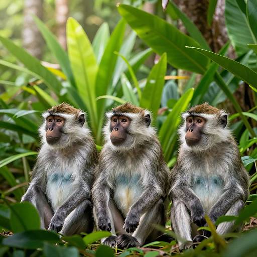 Photograph of three gray and white monkeys sitting in lush, green tropical foliage, with large leaves and dappled sunlight.