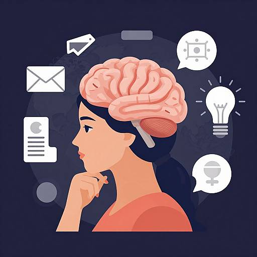 Digital illustration of a side profile woman with a brain, thinking, surrounded by icons: envelope, camera, light bulb, and speech bubble. Dark blue