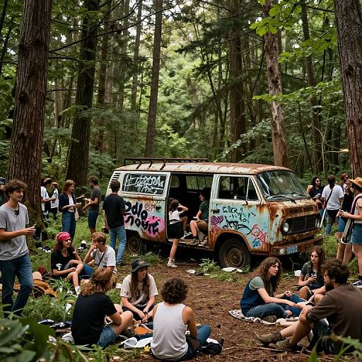 Photograph of a group of young people sitting and standing around a graffiti-covered, rusty van in a dense, green forest.