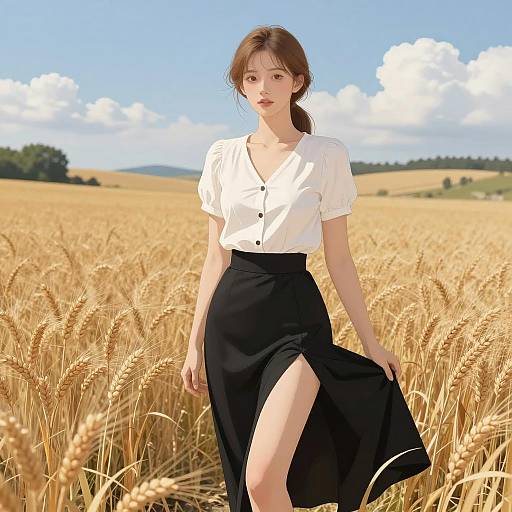 Young Woman in Wheat Field Illustration